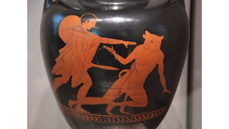 Theseus stabs the Minotaur, from Nola, Italy, circa 460 BC
