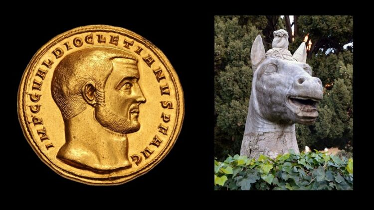 ancient coin of Emperor Diocletian, horse head in Baths of Diocletian (public domain)
