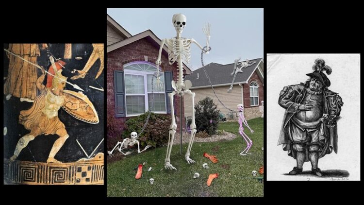 depictions of Achilles, Halloween yard skeleton decoration, and Sir John Falstaff (public domain)