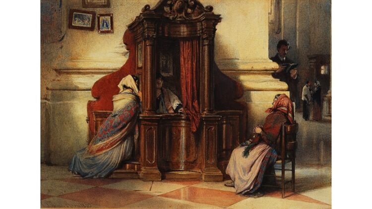depiction of a church interior with women at the confessional, by Ludwig Passini