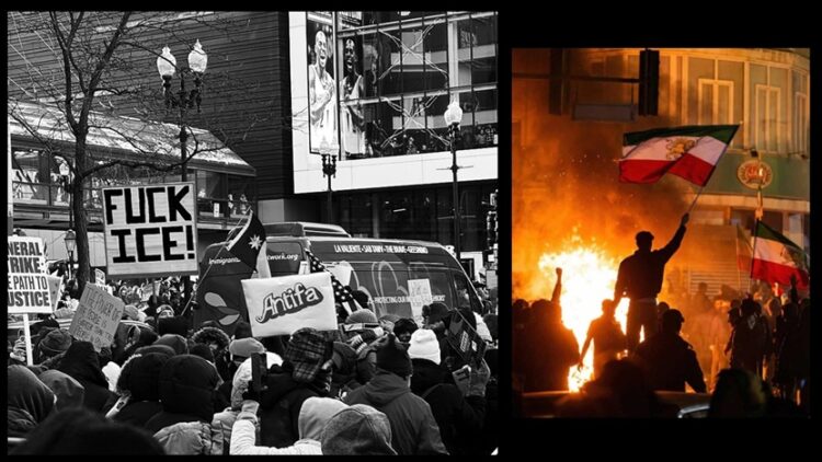 anti-ICE protest in Minneapolis and anti-government protest in Iran (public domain)