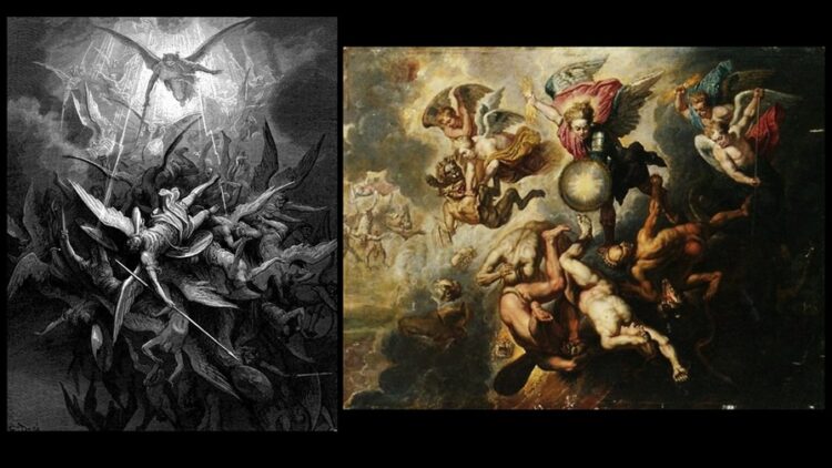 depictions of war in Heaven by Gustave Dore and Peter Paul Rubens