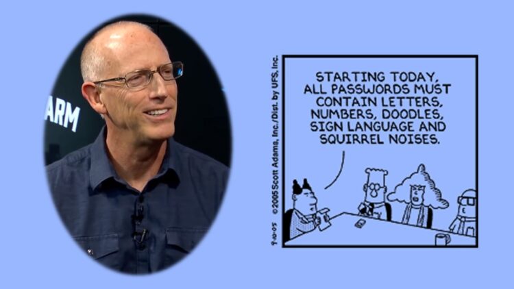 photo of Dilbert creator Scott Adams and one of his cartoons (public domain)