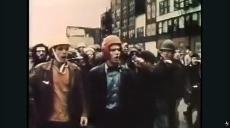 video still of helmeted protesters during Chicago Days of Rage in 1969 (Texas Liberty Advocate Network)