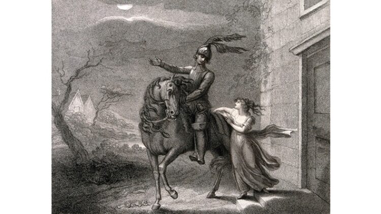 A knight bids farewell to a young lady, engraving by Harding