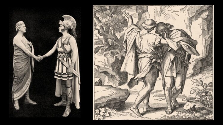 from the movie Damon and Pythias (Left) and illustration of the parting of David and Jonathan