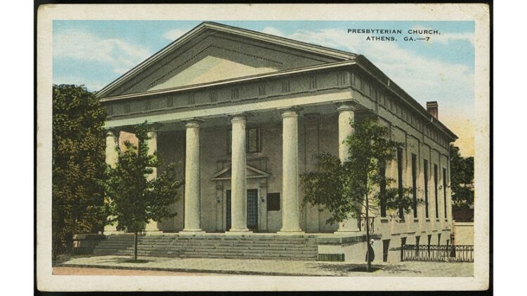 Presbyterian Church in Athens, Georgia from a pre-1923 postcard (public domain)