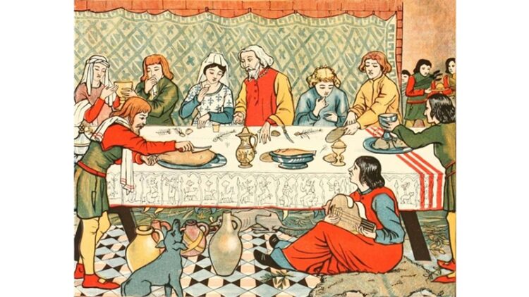 'Chaucer's Medieval Hangover Advice and Cure': A Poem by Paul A. Freeman 1 depiction of a scene of feasting from Chaucer's Canterbury Tales, by Mary Eliza Haweis