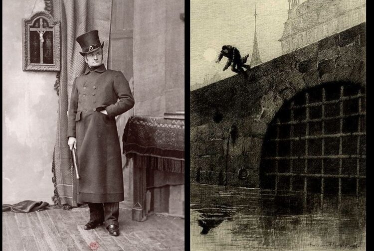 'Javert Derailed': A Poem by Zanna Barton 1 photo of M. Taillade as Javert and an illustration of Javert's suicide