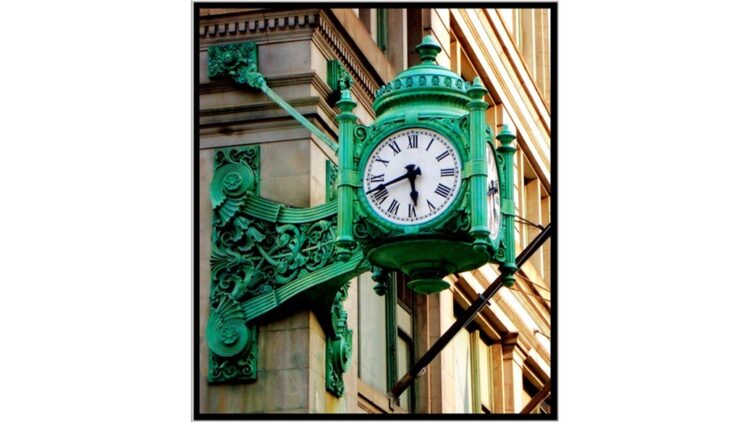 photo of clock at Marshall Fields Department Store in Chicago (public domain)
