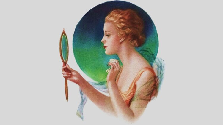 woman with hand mirror by George Pressler (from a face powder ad)