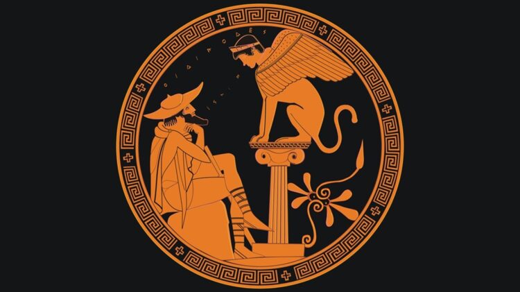 Oedipus and the sphinx posing riddles, Attic red-figure kylix, 480–470 BC. From Vulci.
